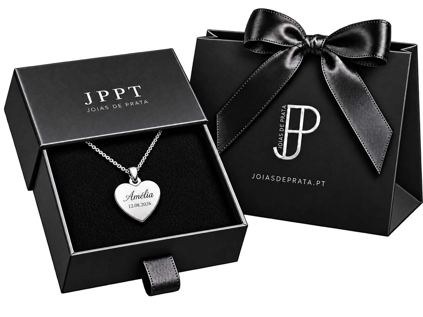 Coração personalizado apresentado na caixa premium JPPT