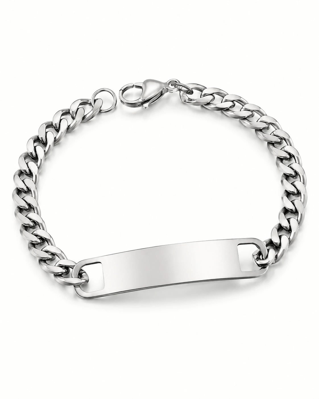 Pulseira prateada com chapa lisa de 43 por 8 milímetros, pronta para personalização