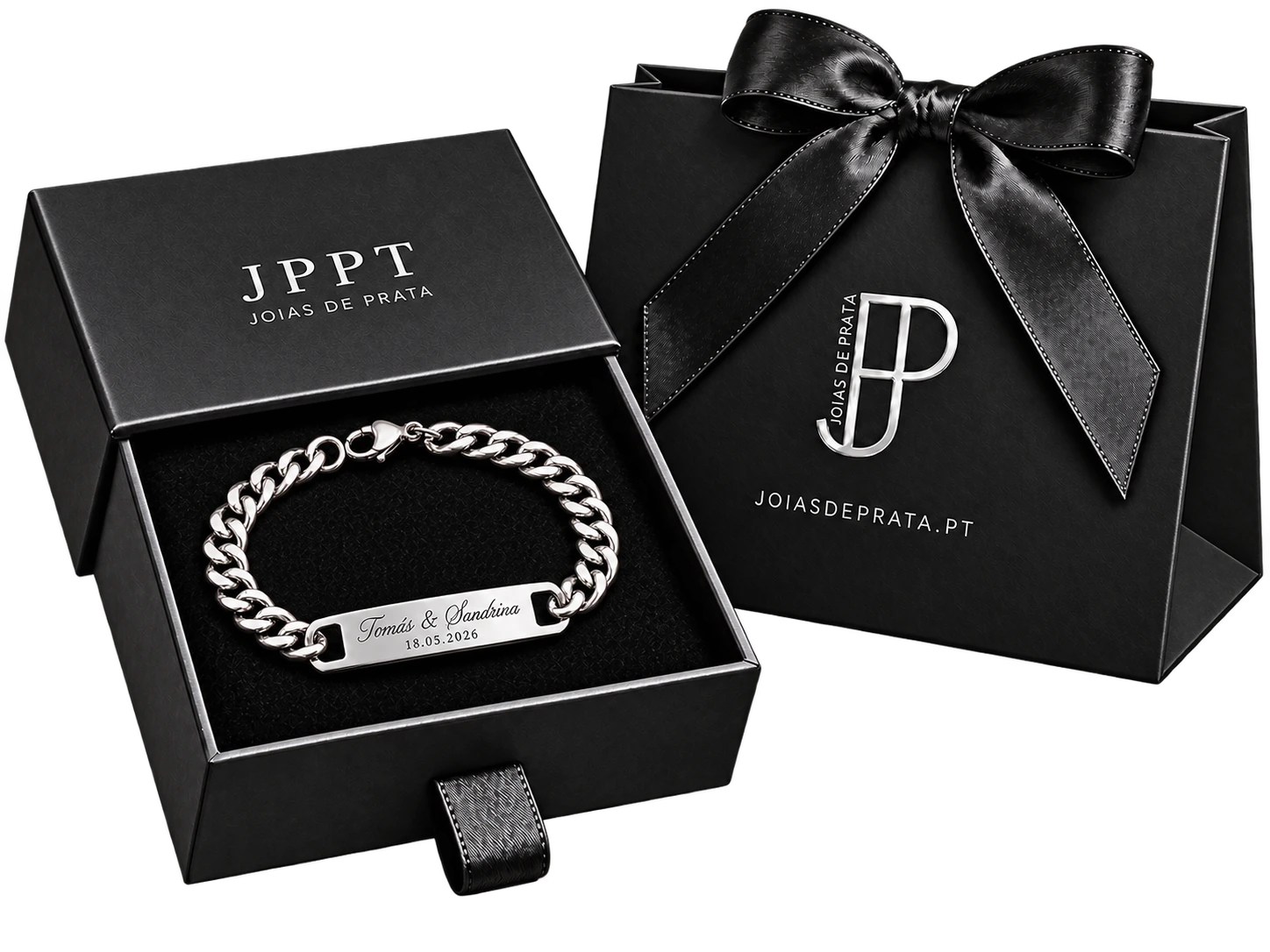 Pulseira personalizada apresentada na caixa premium JPPT